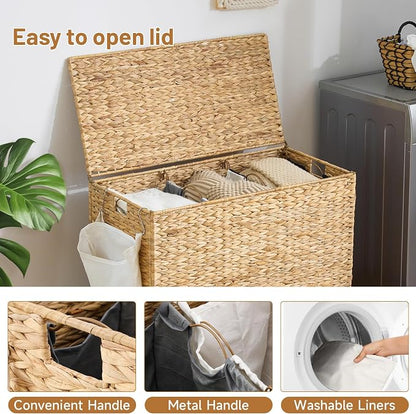 Laundry Hamper with Wheels, 52.8 Gallon Water Hyacinth Laundry Basket with Lid - Image 7