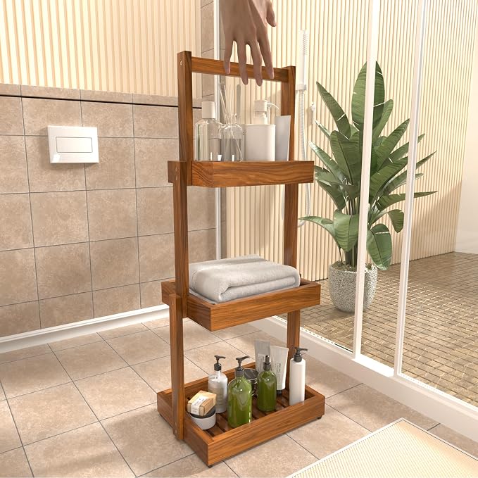 3-Tier Teak Shower Caddy, Bathroom Organizer - Image 2