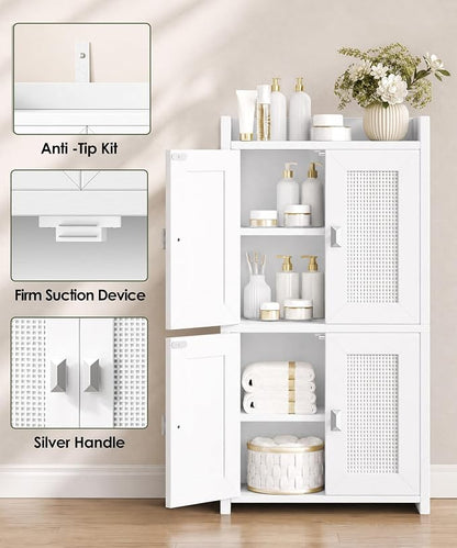 Akxomel 15" Rattan Small Bathroom Cabinet 4 Doors Adjustable Shelf White | - Image 5