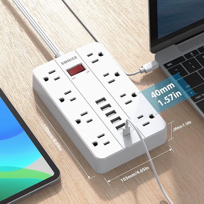 Flat Plug Extension Cord 15 Ft, SMNICE Surge Protector Power Strip - Image 4