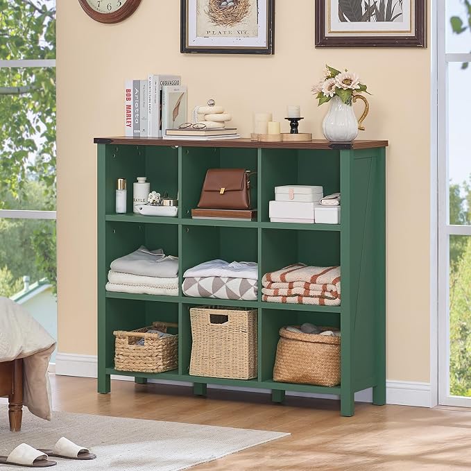 Joaxswe 9 Cube Storage Organizer, Farmhouse 47 Inch Wide Vintage Green Bookshelf - Image 8