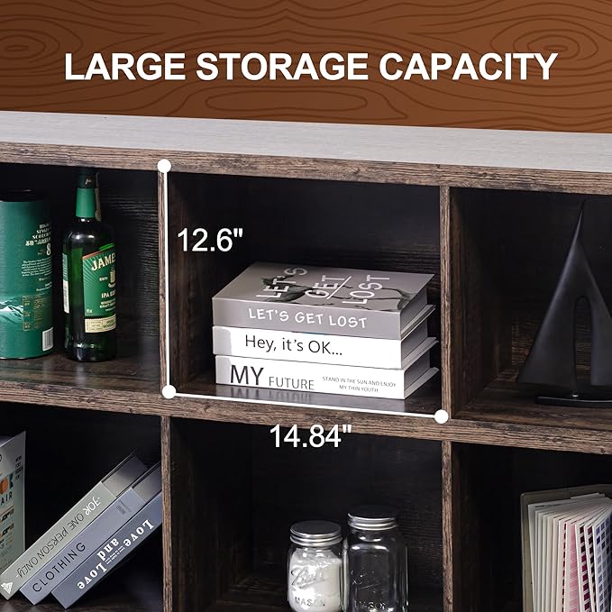 8 Cube Storage Organizer Bookshelf, Industrial Horizontal Bookcase, Accent - Image 4