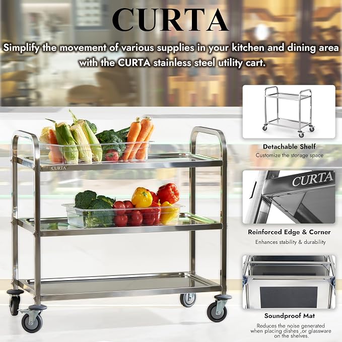CURTA Stainless Steel Serving Trolley, Rolling Casters Brake Wheel, Commercial - Image 4