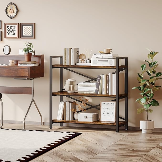 3 Tier Bookshelf 31.49" Width, Wood and Metal Etagere Bookcase, Vintage - Image 5