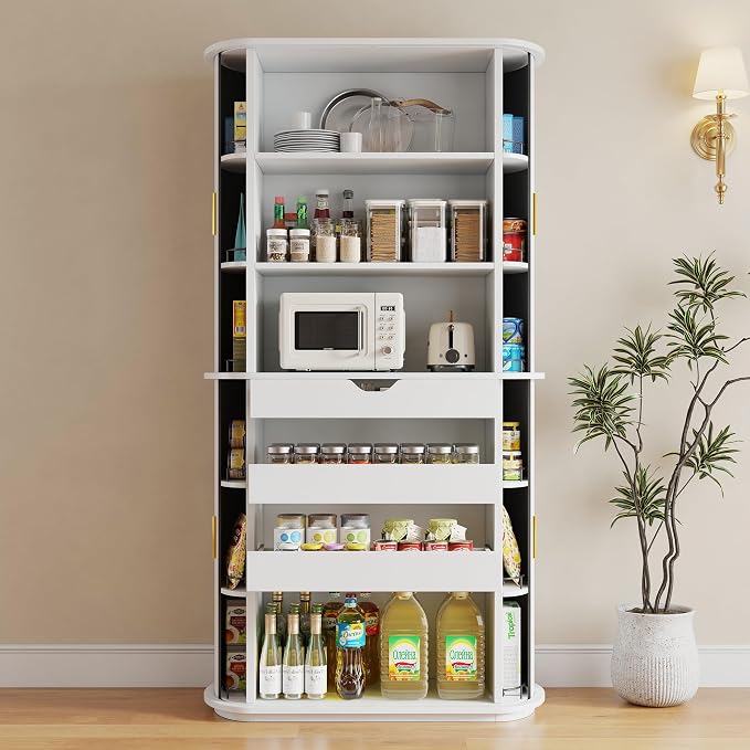iPormis Kitchen Pantry with Sliding Doors, Tall Modern Curved Pantry Storage - Image 4