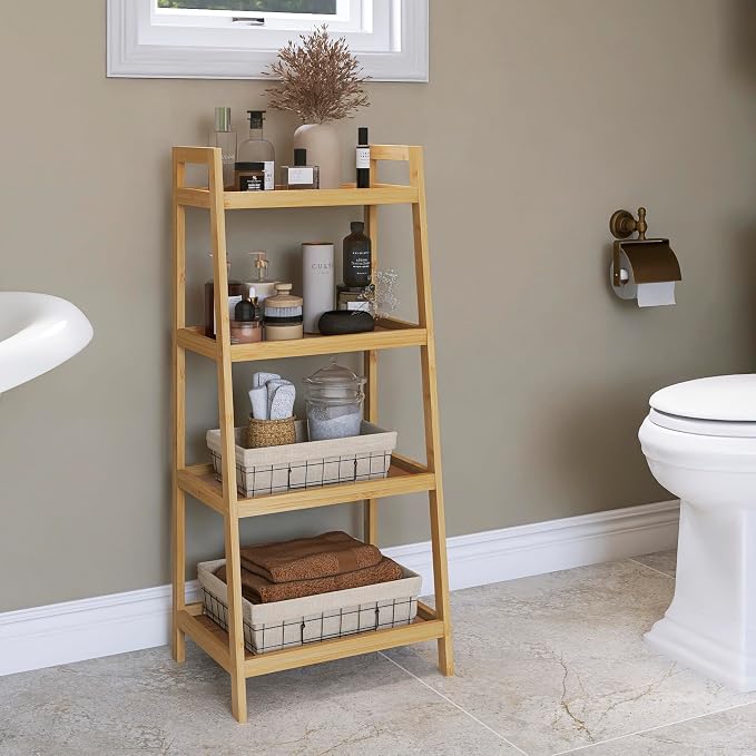 SMIBUY Bamboo Ladder Bookcase, Bathroom Storage Rack Organizer, 4 Tier and 5 - Image 2