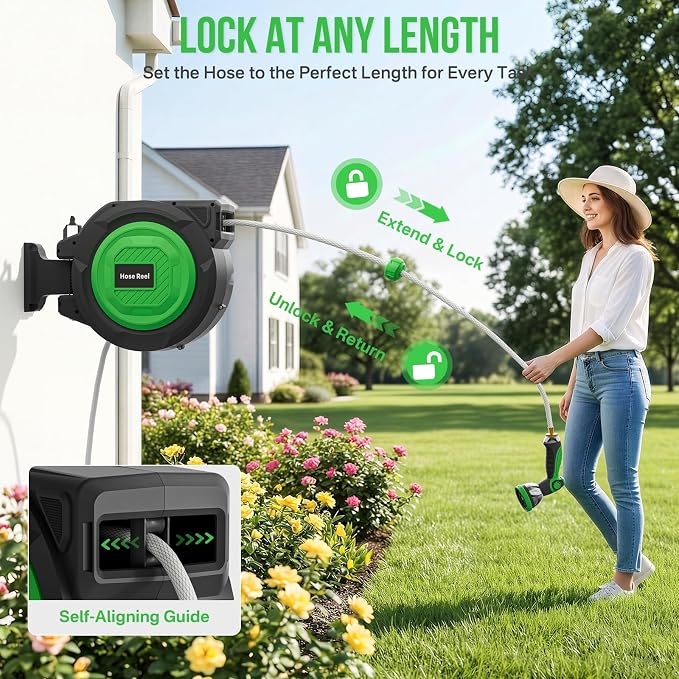 Retractable Garden Hose Reel, 1/2 in x 100 ft Automatic Slow Rewind System & - Image 3