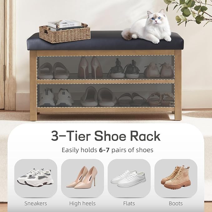 Zihanhome Shoe Rack Bench with Leather Cushion, 2 Tier Solid Wood Storage Bench - Image 6