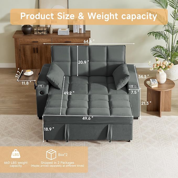 hansones 65" 3-in-1 Sofa Bed, Pull Out Sleeper Sofa - Image 2