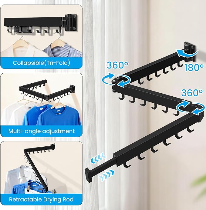 Clothes Drying Rack Wall Mounted, Retractable Collapsible Space Saver - Image 4