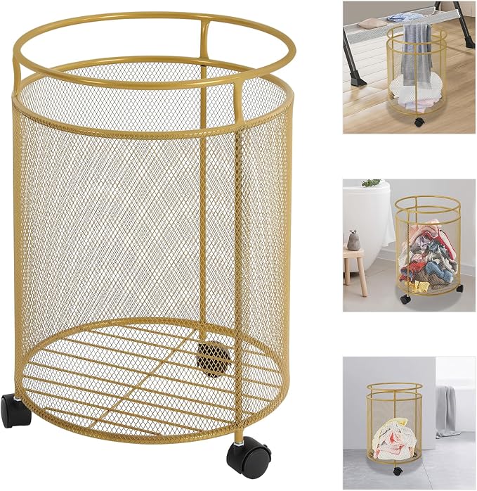 Laundry Hamper with Wheels, Round Metal Laundry Basket Cart, Portable Laundry - Image 3