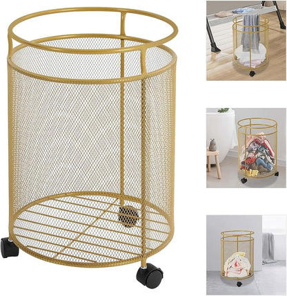 Laundry Hamper with Wheels, Round Metal Laundry Basket Cart, Portable Laundry - Image 3