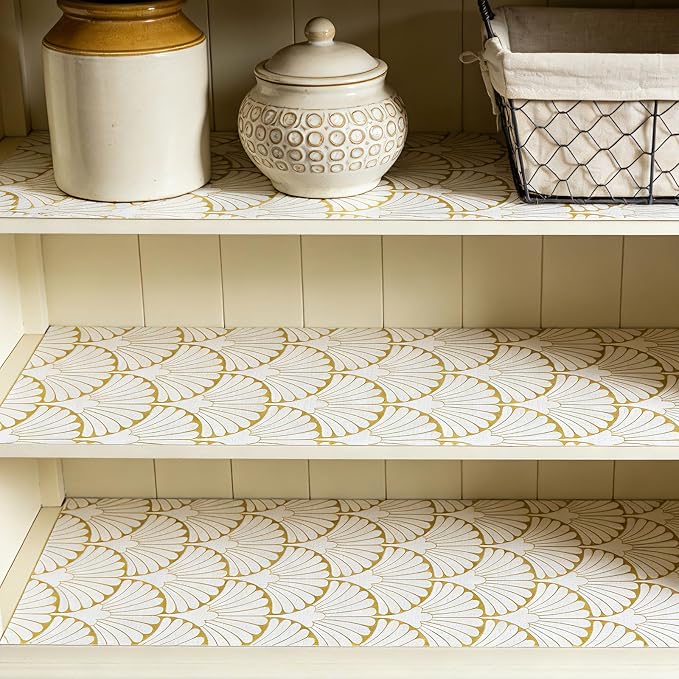 Shelf Liners Non Adhesive Gold Background White Fan-Shaped Pattern - Image 2