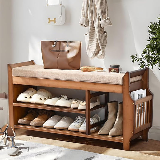 PETKABOO Shoe Bench with Hidden Drawer and Side Holder, 2 Tier Entryway Bench by PETKABOO