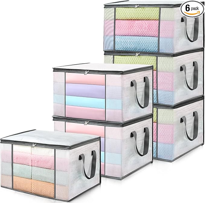 LANDNEOO 6-Pack Clothes Storage Bags, Plastic Foldable Blanket Storage bins by MakeLifeBetterEasier