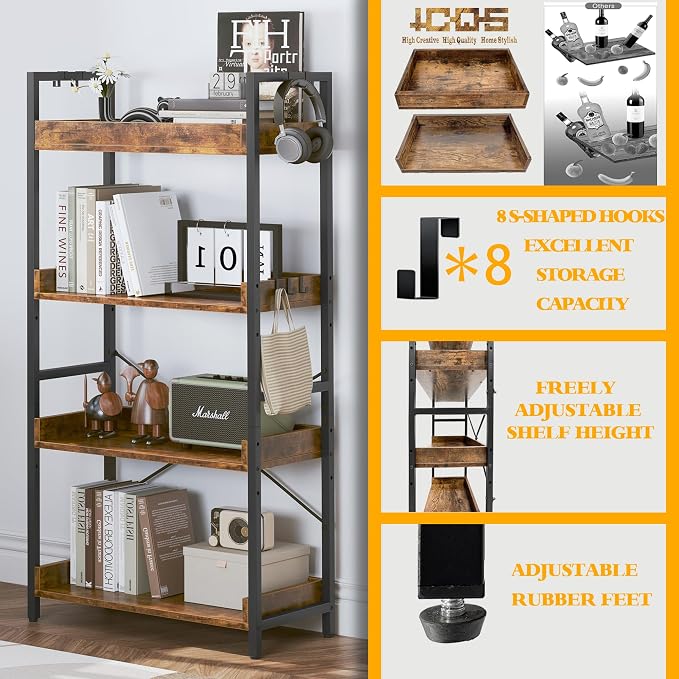 HCHQHS 4 Tier Bookshelf, Adjustable Industrial Bookcase, Vertical Tall Book - Image 5