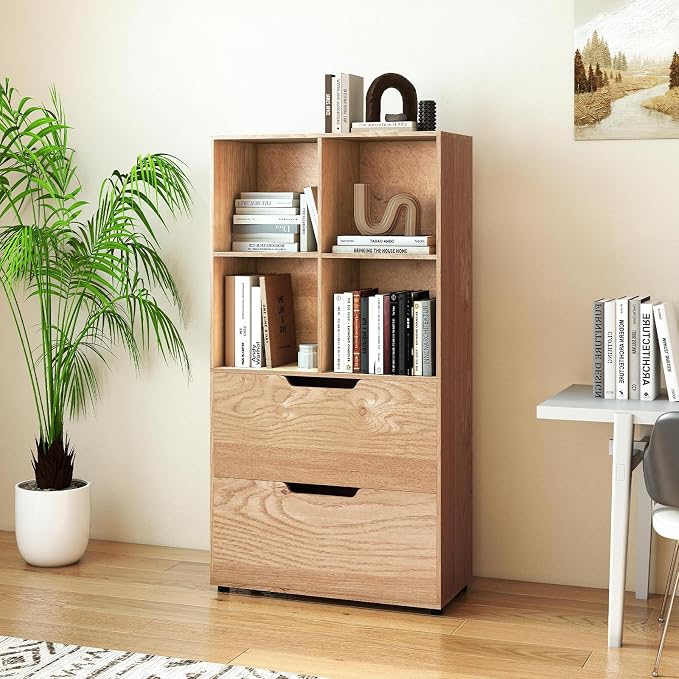 Giantex Bookshelf with 4 Cubes & 2 Drawers, 51” Tall Floor Bookcase with - Image 6
