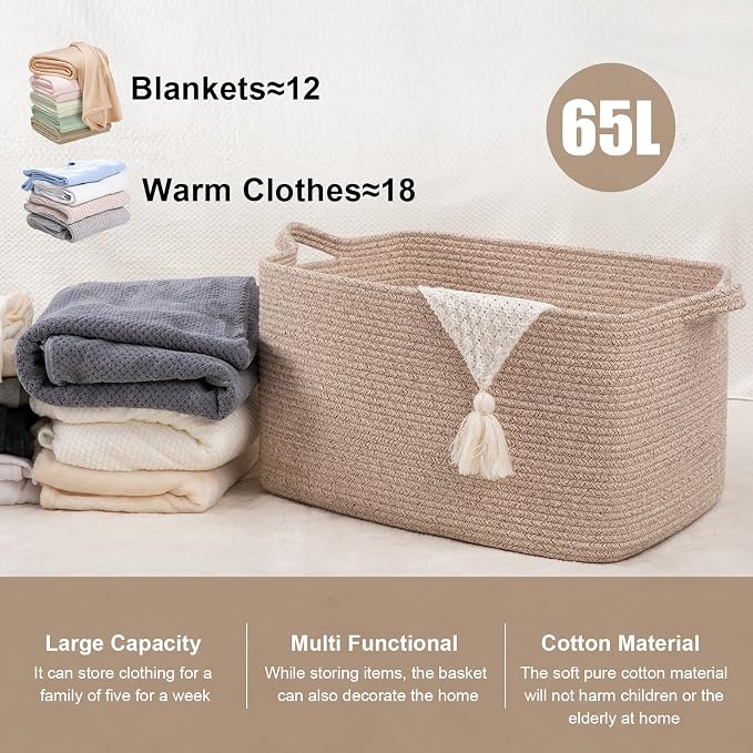 65L Large Storage Basket, Cotton Rope Woven Blanket Basket, Toy Storage - Image 3