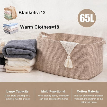 65L Large Storage Basket, Cotton Rope Woven Blanket Basket, Toy Storage - Image 3