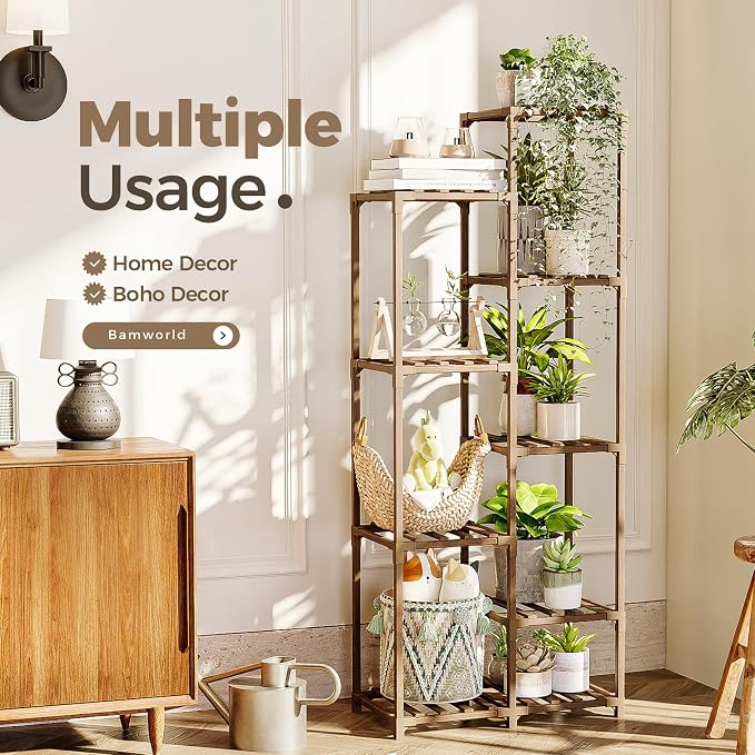Bamworld Plant Stand Indoor Outdoor 9 Tier Tall Large Wood Plant Shelf Multi - Image 3