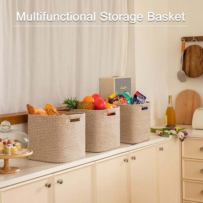 OIAHOMY Storage Cubes 11 Inch Storage Bins-3-Pack, Cotton Rope Woven Baskets - Image 6