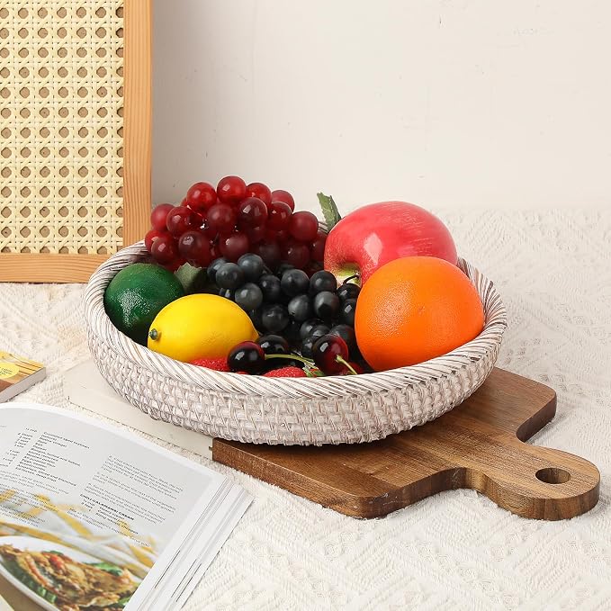 Hipiwe Key Basket Bowl for Entryway 10" Round Woven Wicker Fruit Tray Serving - Image 2