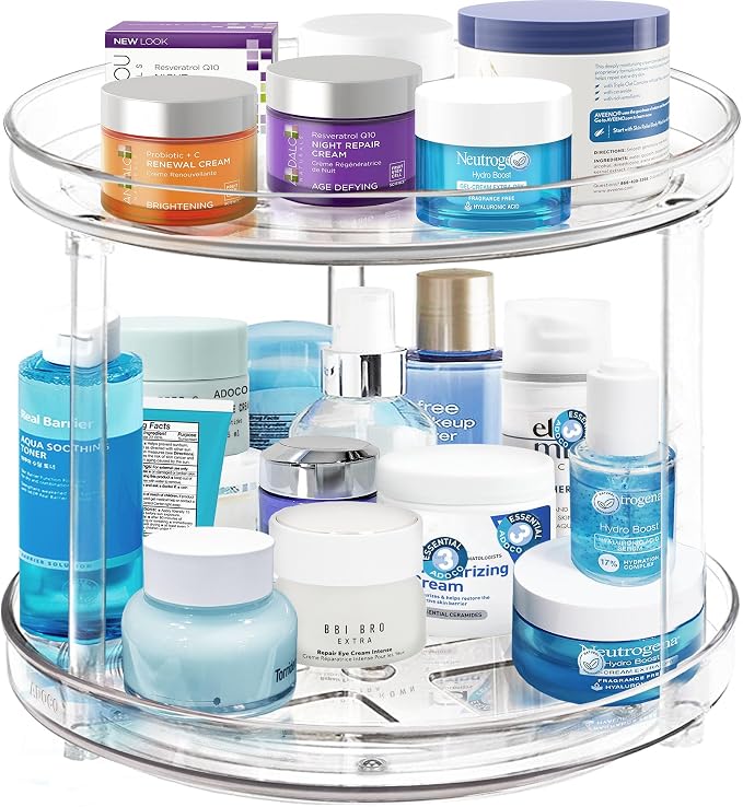 2 Tier Lazy Susan, 10.6 Inch Clear Makeup & Skincare Organizer, Bathroom by Adoco