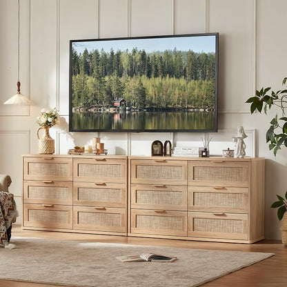 LEYAOYAO Rattan Dresser for Bedroom Set of 2, Boho 48" Wide 6 Drawer Dresser by LEYAOYAO-Findtheshiningpointofyourideallife%EF%BC%81