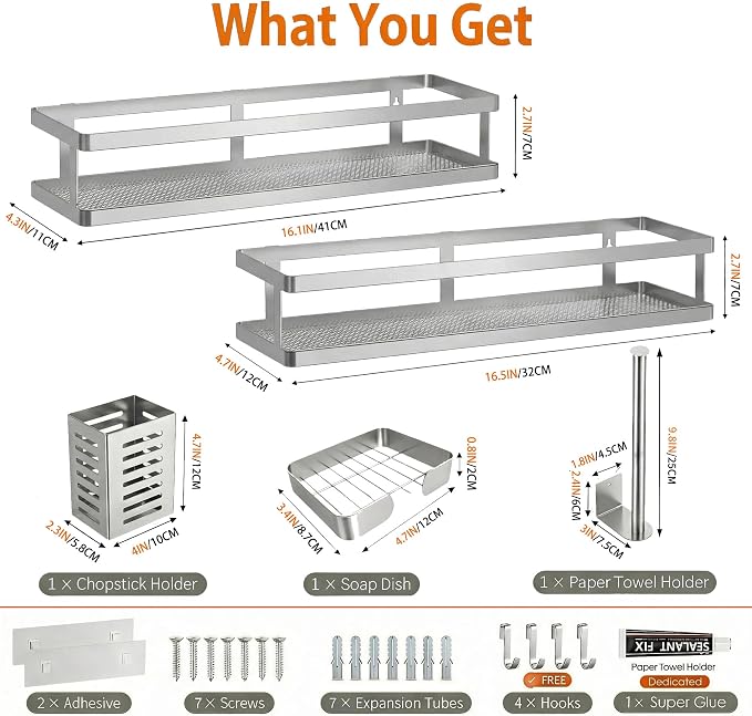 PUSDON 5-in-1 16.5" Extra Long Kitchen Organizer & Shower Caddy Set, Wall Mount - Image 2