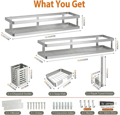 PUSDON 5-in-1 16.5" Extra Long Kitchen Organizer & Shower Caddy Set, Wall Mount - Image 2