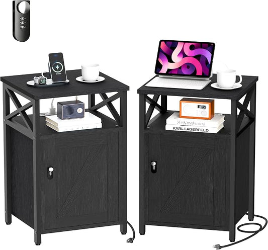 Night Stand Set 2 with Charging Station and Lock, Wooden Nightstands, Lockable by Home