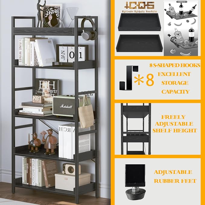 HCHQHS 5 Tier Bookshelf, Adjustable Industrial Bookcase, Vertical Tall Book - Image 5
