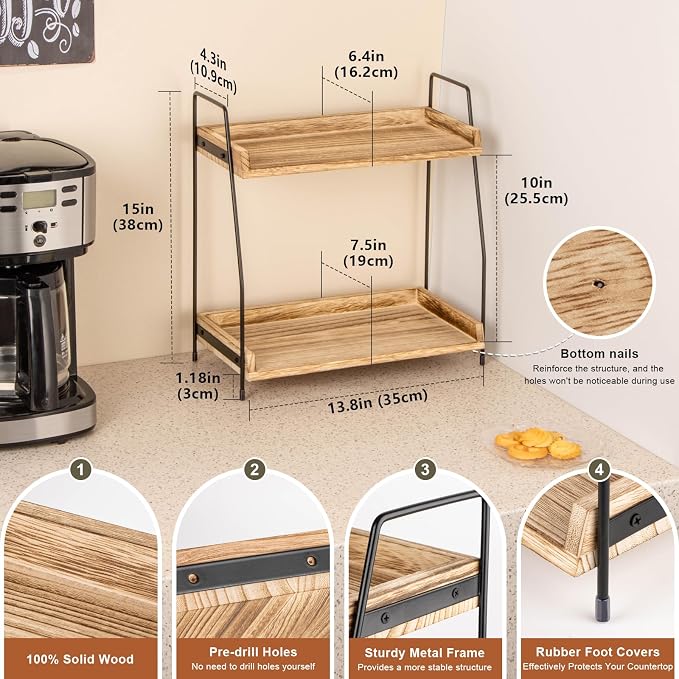 ANBOXIT Countertop Coffee Station Organizer, 2 Tier Wooden Shelf | - Image 2