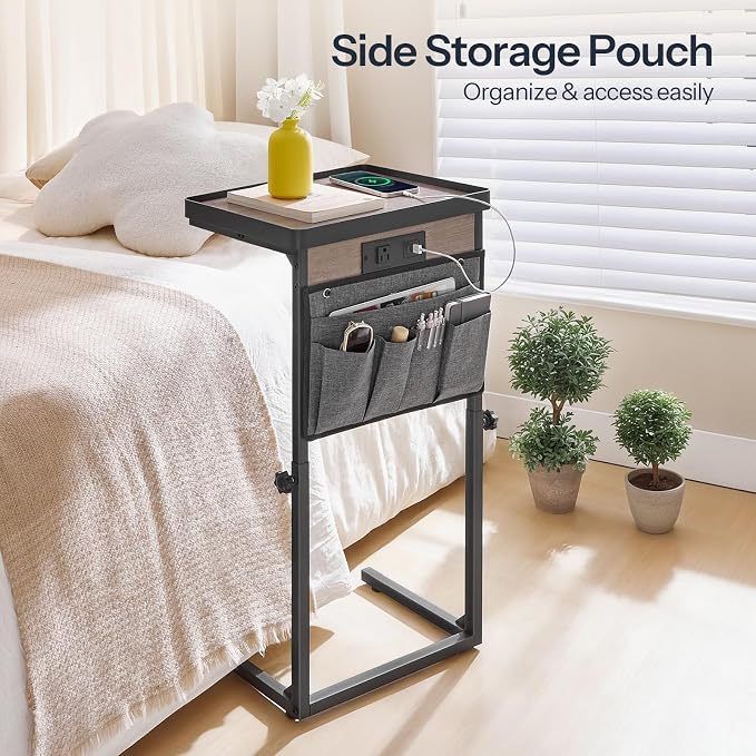 HOOBRO C-Shaped End Table with Charging Station, 29.5” Adjustable Height Side - Image 7