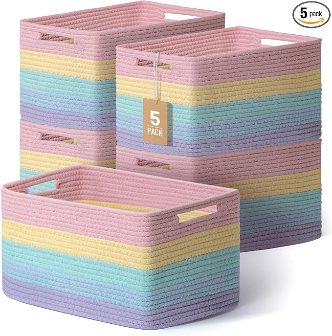 5 Pack Rainbow Woven Storage Baskets by YILOBI