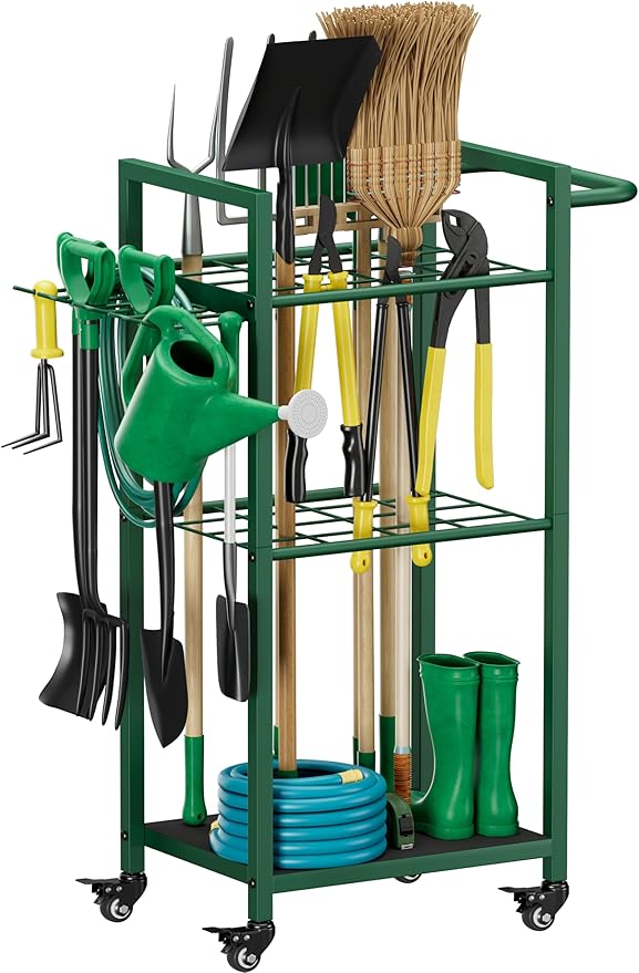 Garden Tool Organizer with Wheels, Heavy Duty 3 Tier Metal Yard Tool Storage by Unknown