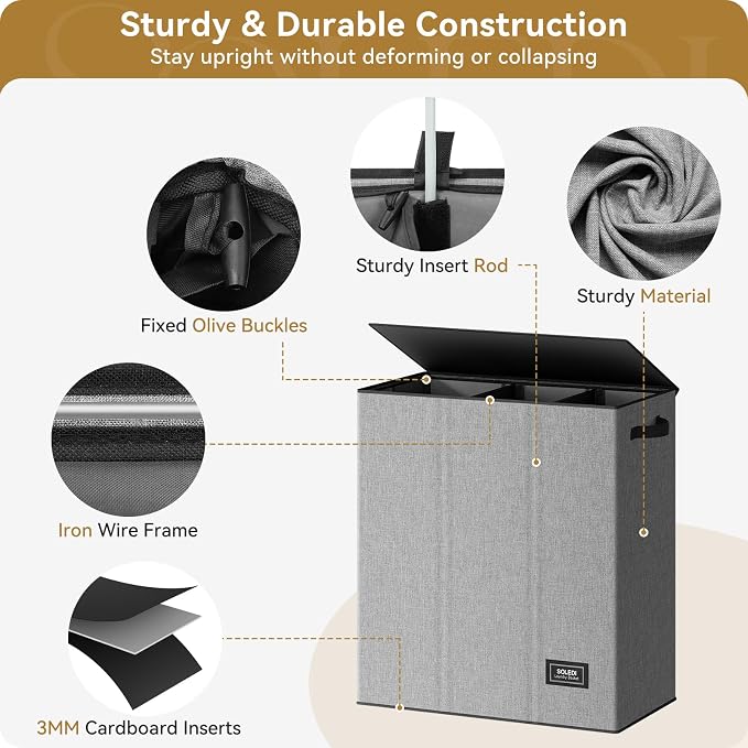SOLEDI 160L Laundry Hamper 3 Section, Extra Large Laundry Hamper - Image 5