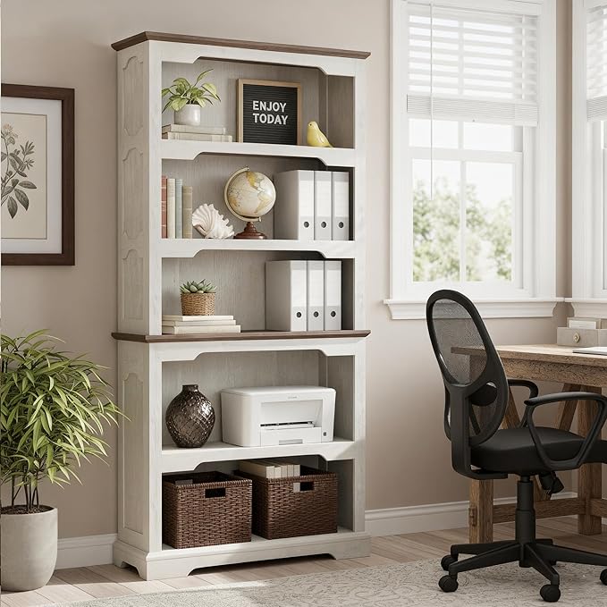 70 Inch Farmhouse Bookcase, Distressed White and Walnut Two-Tone Shelves by Unknown