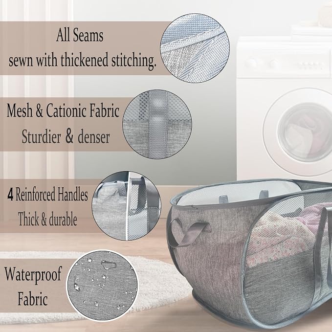 100L Collapsible Laundry Baskets 2 Pack, Extra Large Mesh Pop Up Laundry Hamper - Image 3