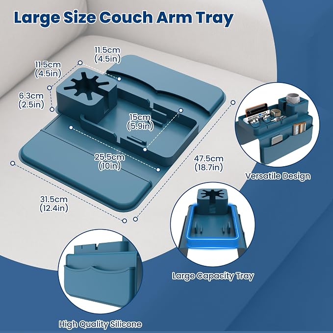 ENNVA Couch Arm Cup Holder Tray, Silicone Anti-Slip Sofa Armrest Table - Image 3