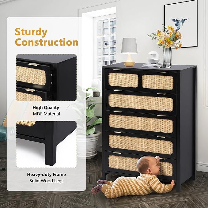 5 Drawer Dresser with Rattan Finish, Modern Farmhouse Chest of Drawers with - Image 6