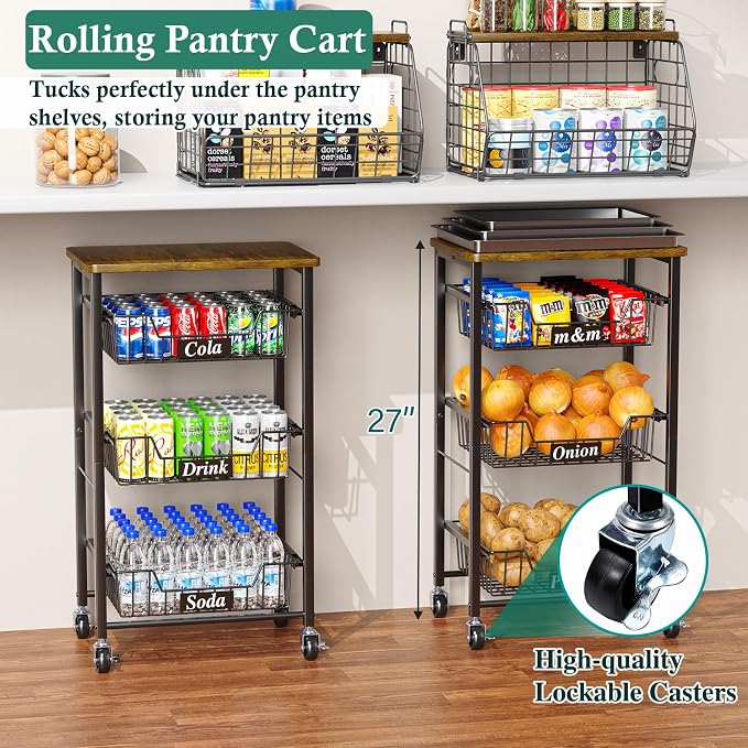 4-Tier Small Kitchen Storage Cart on Wheels, Metal Fruit Basket Stand - Image 2