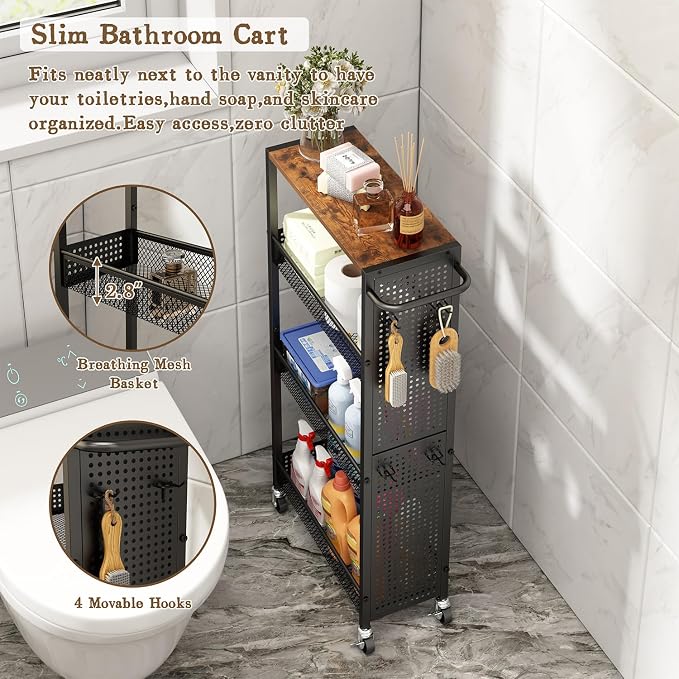 Utility Slim Storage Cart 4 Tier Small Rolling Kitchen Laundry Room - Image 5