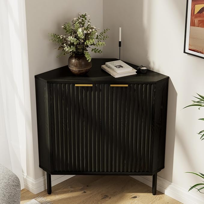 Modern Fluted Corner Cabinet, Wooden Small Floor Storage Cabinet by MoomJiee