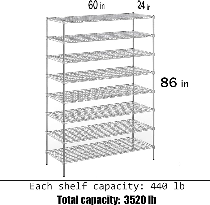 24" Deep x 60" Wide x 86" Height Wire Shelving Kit | 8-Tier | NSF Commercial - Image 3