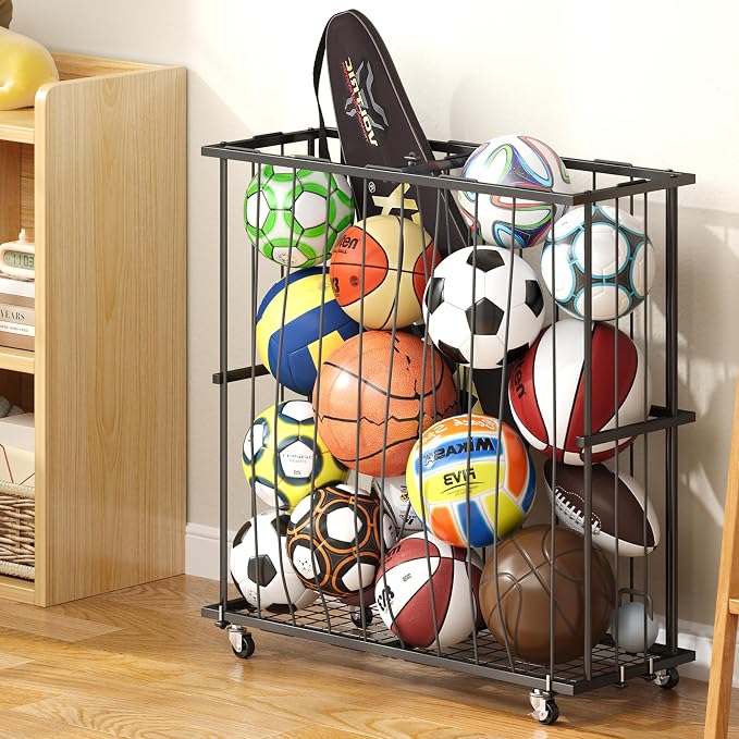 Large Garage Ball Storage, Rolling Floor Sports Equipment Organizer: by Hencawima