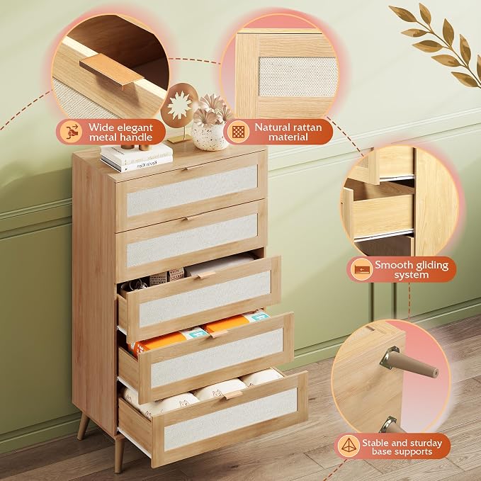 WLIVE Rattan Dresser for Bedroom, Boho Dresser Closet Storage Organizer for - Image 5