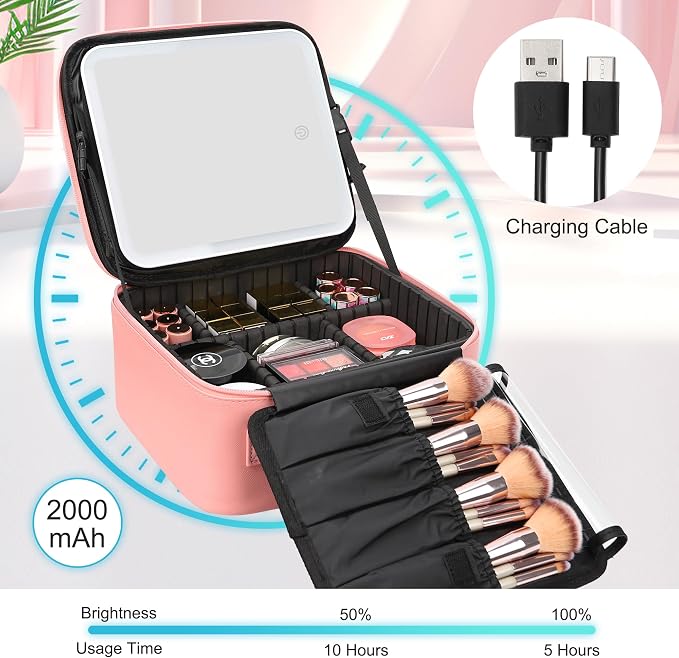 Relavel Travel Makeup Bag With LED Mirror Portable Travel Makeup Organizer 3 - Image 5