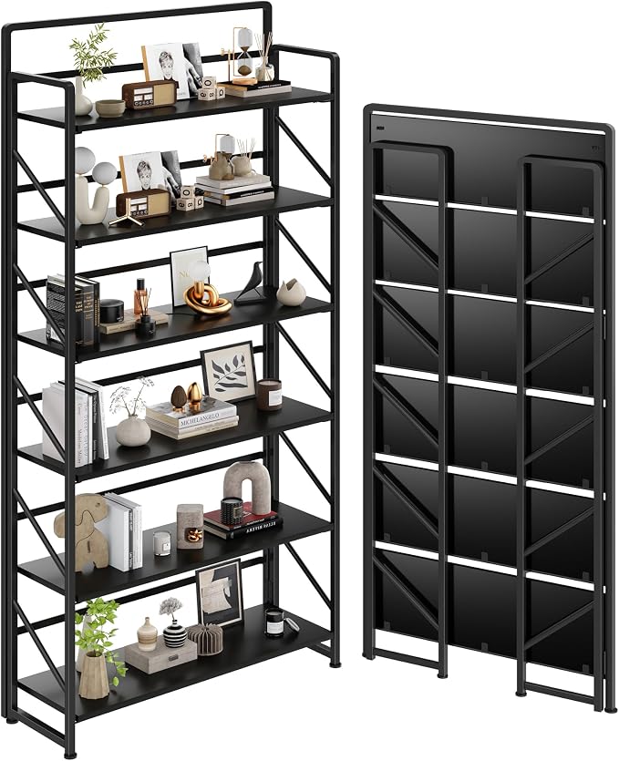 JSB 6 Tier No Assembly Folding Bookshelf, 30.3" Wide Foldable Storage Bookcase by HomeFurniture