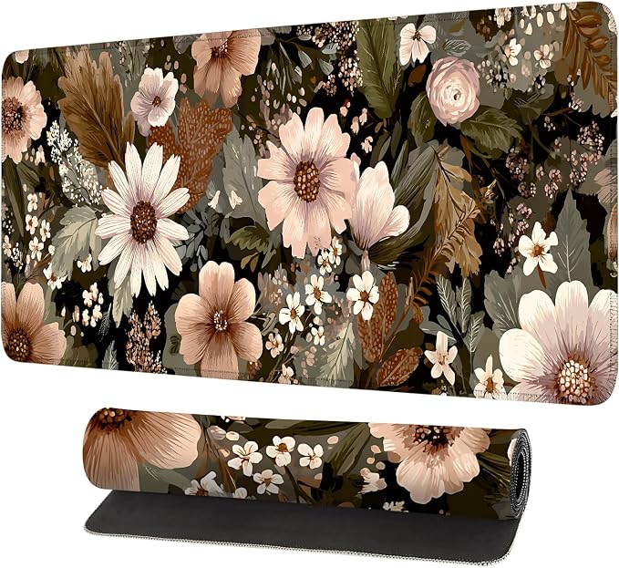 Vintage Beige Floral Mouse Pad – Large Extended Desk Mat 31.5 x 11.8 in– by LEIWEIHOPE